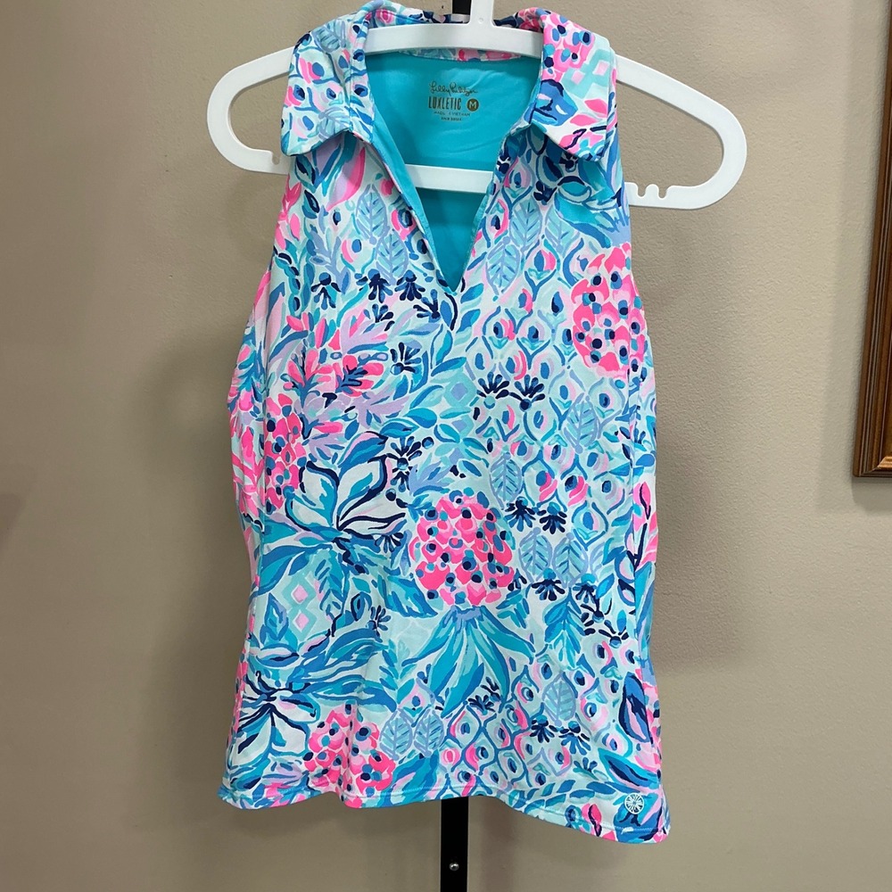 Lilly Pulitzer Tank Top Luxletic Medium Blue Pink Tropical Floral Racerback Bra